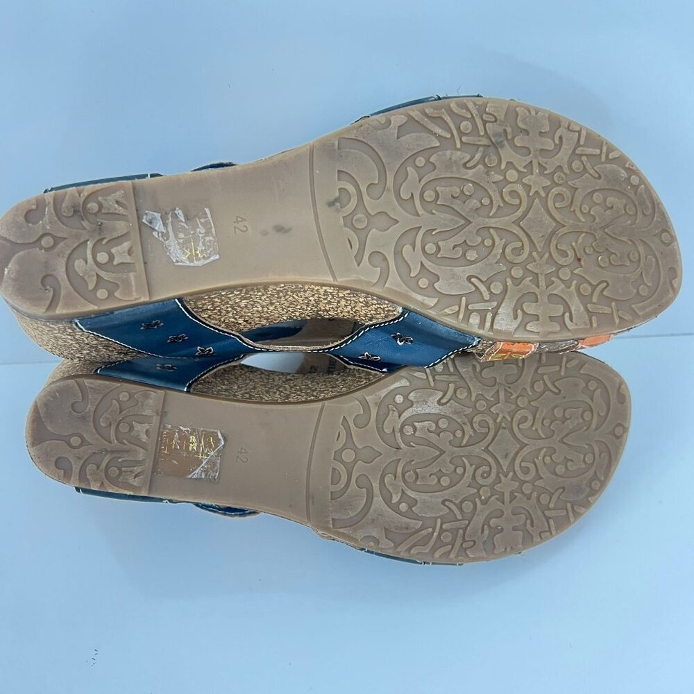 La Artiste Jadora  Women's Floral Embossed  Leather Sandals Blue & Orange 42 10. - Picture 8 of 9